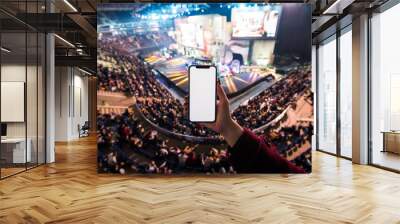 Close up of a woman holding smartphone with blank screen mobile with concert blurred background. Wall mural