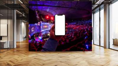 Using digital application on the mobile smart phone at esport event at big arena. Blank screen with copy space. Wall mural