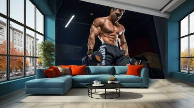 Brutal young handsome man with perfect abs, coaches the biceps in the gym. The concept is personal trainer, formology, diet, bodybuilding, weightlifting, styrodes, health, beauty, crossfit. Wall mural