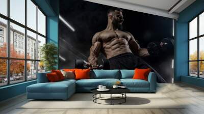 Muscular man working out in gym doing exercises with dumbbells, strong male naked torso abs Wall mural