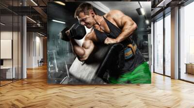 very power athletic guy bodybuilder , execute exercise with dumb Wall mural