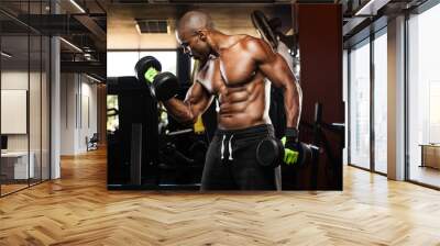 young man doing heavy weight exercise for biceps Wall mural