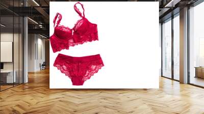 Woman's sexual red lingerie isolated on white background. Copy space for your text.  Women's lacy underwear pants and brassiere. Top view, flat lay Wall mural