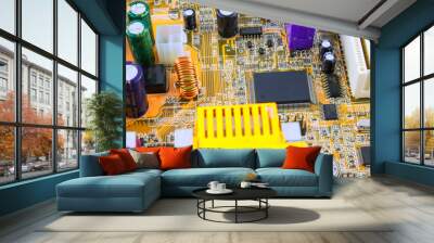 Circuit board. Electronic computer hardware technology. Motherboard digital chip. Tech science background. Integrated communication processor. Information engineering component. Wall mural