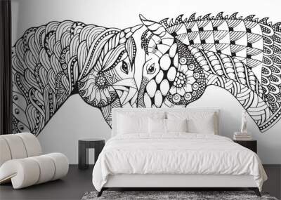 Two horses showing affection, zentangle stylized, vector illustration, freehand pencil, hand drawn, pattern, love. Zen art. Wall mural