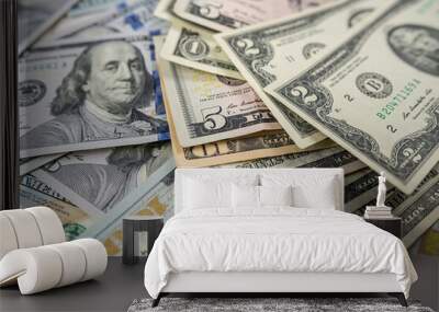 1 2 5 10 100 Different dollar bills in a pile as background Wall mural