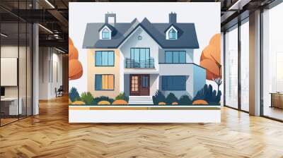 Cartoon two storey family house isolated on white. Real estate with doors windows. Vector illustration Wall mural