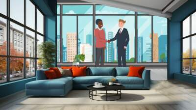 characters two businessmen shaking hands at office near window. Template for banner or infographics. Vector illustration. Wall mural