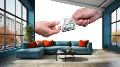 Close-up Hand giving  Us Dollars isolated on white Wall mural