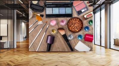 cosmetics set on wooden table top view. Wall mural