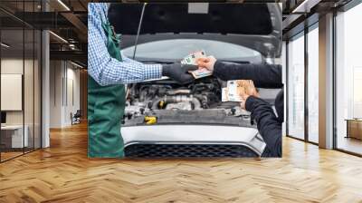 Female hands giving euro banknotes for car service Wall mural