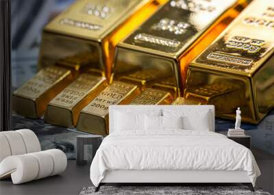 Finance concept gold bullion lie on 100 US Dollar bills background Wall mural