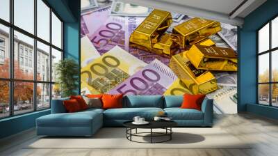 Golden ingot on american dollars and euro banknotes Wall mural