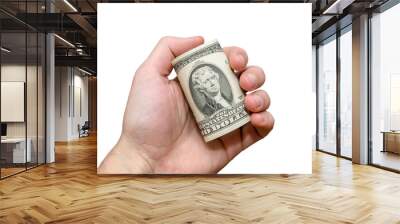 Hand holding two dollar, isolated on white background Wall mural