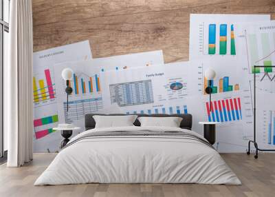 many different business graph  with calculator and pen on desk. Wall mural