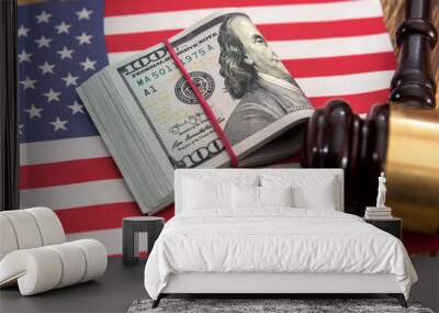 one hundred US dollars with flag of USA Wall mural