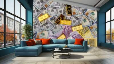 Paper money and gold ingot, close up Wall mural