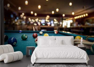 Selective focus at billiard ball on blue table Wall mural