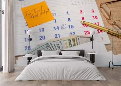 Tax form with calendar, pen, calculator, notepad and glasses Wall mural