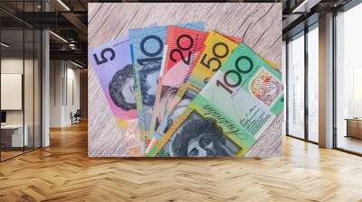 Top view of australian dollar banknote on wooden table Wall mural