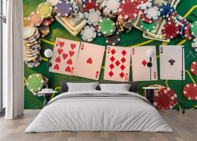 view of a gaming table with many poker card and chips green mat Wall mural