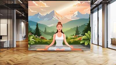 Woman doling meditation yoga at nature mountain in beautiful sunset.  Vector illustration Wall mural