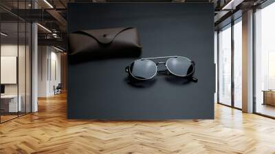 vintage sunglasses with brown case on gray background Wall mural