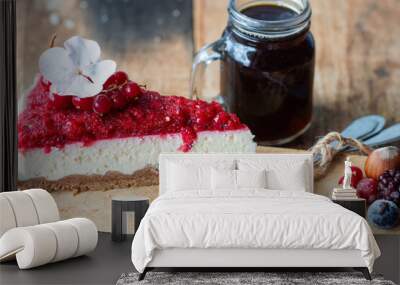  cheesecake, vanilla cream cake with berry jelly crust and aromatic coffee. breakfast sweets Wall mural