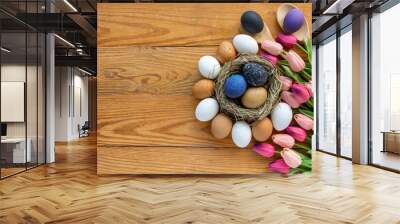 black colors painted easter eggs in decor nest. Happy Easter holiday card	
 Wall mural