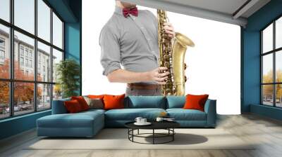 man in yellow t-shirt saxophonist playing. saxophone player in s Wall mural