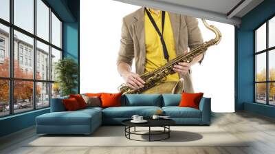 man saxophonist playing saxophone player in studio isolated on w Wall mural