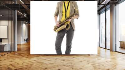 saxophone player in yellow t-shirt and bowtie . guy playing the Wall mural