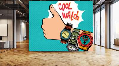 Hand shows different watches and shows like gesture. Comics style  Wall mural