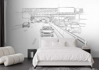 Motorway with cars template design sketch. Hand drawn vector illustration.  Wall mural