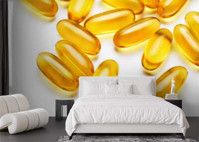 Close up heap of capsules Omega 3 on white background. Top view, high resolution product. Health care concept Wall mural