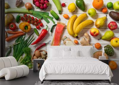 Healthy food background. Different fruits and vegetables. Top view. Wall mural