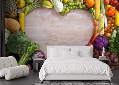 Heart shaped food / food photography of heart made from different fruits and vegetables on wooden table Wall mural