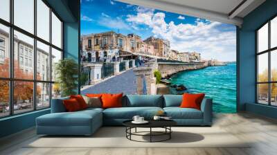 Coast of Ortigia island at city of Syracuse, Sicily, Italy. Beautiful travel photo of Sicily. Wall mural