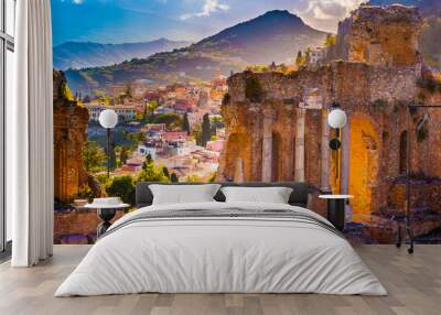 The Ruins of Taormina Theater at Sunset. Beautiful travel photo, colorful image of Sicily. Wall mural