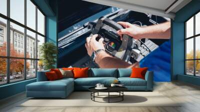 Accumulator charging. Hands and terminal. Car repair. Wall mural