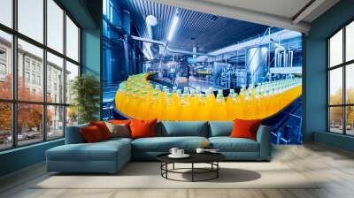 Beverage factory interior. Conveyor with bottles for juice or water. Equipments Wall mural