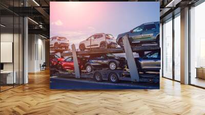 Car carrier trailer transports cars on highway at blue sky background.  Wall mural