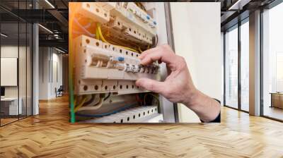 The man is repairing the switchboard voltage with automatic switches. Wall mural