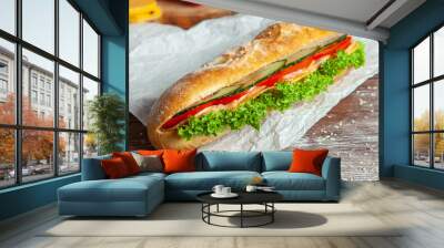 Breakfast of Fresh croissant with ham, cheese and salad leaf on white wooden background. Wall mural