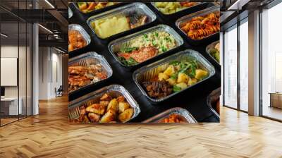 Business lunch in eco plastic container ready for delivery.Top view. Office Lunch boxes with food ready to go. Food takes away. Catering, brakfast. Wall mural