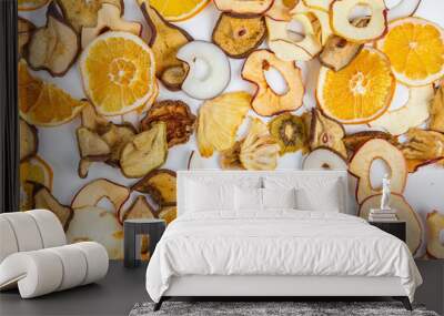 Dried fruits isolated on white background. Healthy eating concept. Top view. Healthy vegetarian food concept. Dried fruit chips. Wall mural