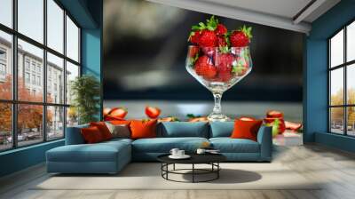 glass bowl with fresh strawberries isolated. Strawberry juice.   Wall mural