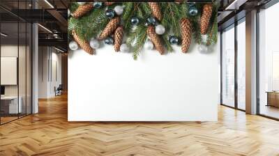 New Year's Eve background with fir branch and cones. Christmas and New Year holidays composition of pine tree branches. Wall mural