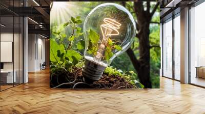 Incandescent light bulb in the forest. Green energy and eco concept Wall mural