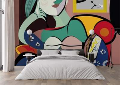 Colorful abstract background, inspired by Picasso, woman in armchair Wall mural